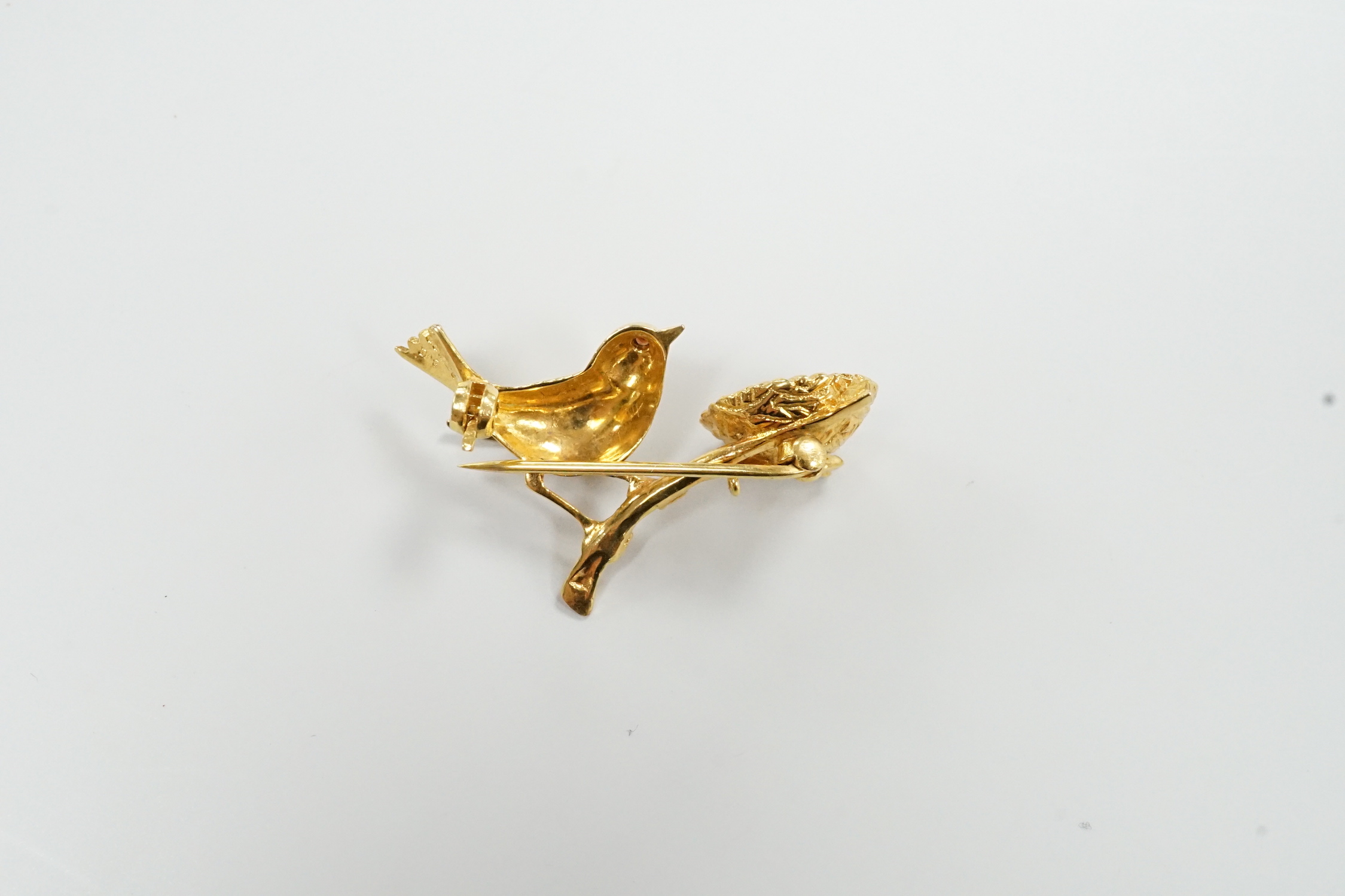 A 1960's 9ct gold and cultured pearl bird, nest and egg brooch, 33mm, gross weight 4.1 grams.